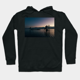 Two Fishermen at Work on Lake Inle in Early Morning, Myanmar Hoodie